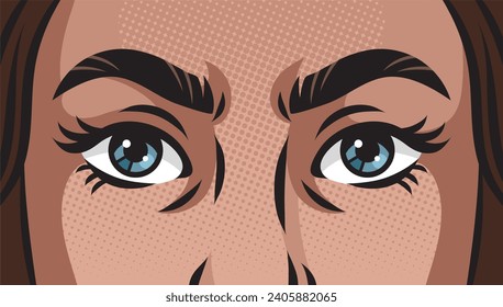 Close-up of woman face eyes looking intently and intensely pinup pop art retro hand drawn raster illustration. Comic book style imitation. - Powered by Shutterstock