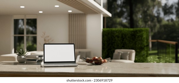 Close-up workspace with laptop computer white screen mockup, books, apple tray, and copy space on a tabletop over blurred background of a home outdoor relaxation space. 3d render, 3d illustration