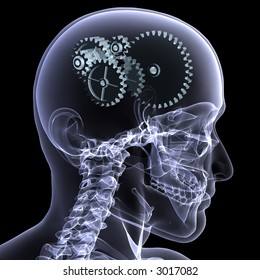 Close-up X-Ray of a male skeleton head with a series of gears for the concept of thought. Isolated on a black background