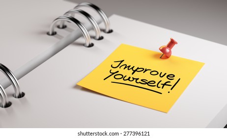 Closeup Yellow Sticky Note paste it in a notebook setting an appointment. The words Improve yourself written on a white notebook to remind you an important appointment.