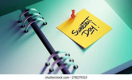 Closeup Yellow Sticky Note paste it in a notebook setting an appointment. The words Sweetest Day written on a white notebook to remind you an important appointment.