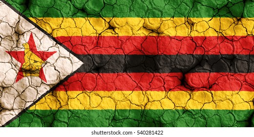 Close-up Of Zimbabwe Flag On A Cracked Soil, Background Texture (High-resolution 3D CG Rendering Illustration) Famine And Drought, Natural Disaster.