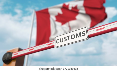 Closing boom barrier with CUSTOMS sign against the Canadian flag. Border closure or protective tariffs in Canada. 3D rendering