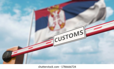 Closing Boom Barrier With Customs Sign Against The Serbian Flag. Restricted Border Crossing Or Protective Tariffs In Serbia.  3D Rendering