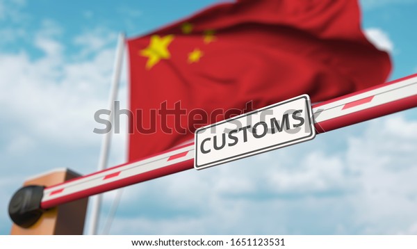 Closing boom barrier with CUSTOMS sign against\
the Chinese flag. Border closure or protective tariffs in China. 3D\
rendering