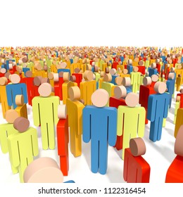 Closup of a large group of people scattered around on a white background, 3D Rendering