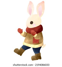 Clothed Rabbit On A White Background Painted In Digital Watercolor. This Rabbit Is Wearing A Winter Scarf, Coat, Pants, Gloves And Boots.