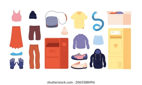 Clothes donation. Clothing recycling, colorful apparel second hand store. Containers for donate, old sweater dress for charity set - Powered by Shutterstock