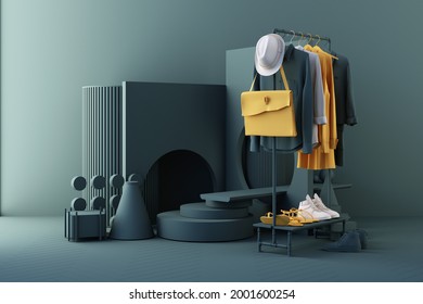 Clothes a hanger surrounding by bag and market prop with geometric shape on the floor in yellow and green color. realistic 3d rendering