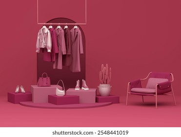 Clothes hanging on a rack, armchair on deep pink background. Creative composition. Light background with copy space. 3D render for web page, presentation, studio, store fashion. Viva magenta - Powered by Shutterstock