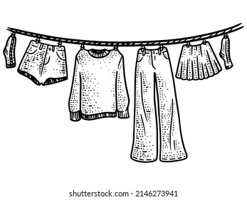 Clothes Hanging On A Rope. Line Art Sketch Picture. Hand Drawn.