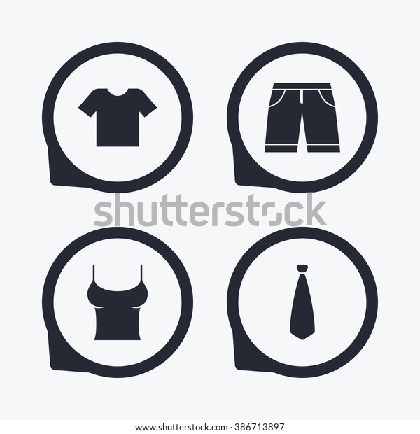 Clothes icons. T-shirt and bermuda shorts\
signs. Business tie symbol. Flat icon\
pointers.