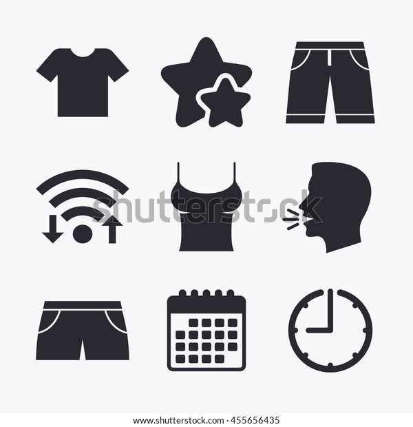 Clothes icons. T-shirt and bermuda shorts signs.\
Swimming trunks symbol. Wifi internet, favorite stars, calendar and\
clock. Talking head.\
