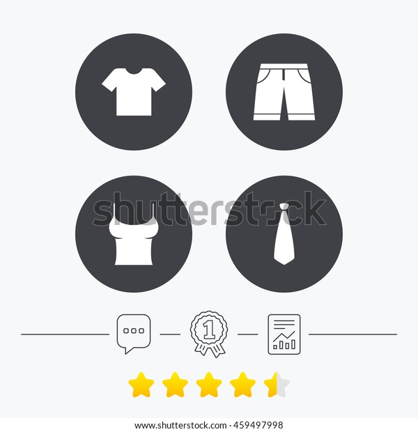 Clothes icons. T-shirt and bermuda shorts signs.\
Business tie symbol. Chat, award medal and report linear icons.\
Star vote ranking.\
