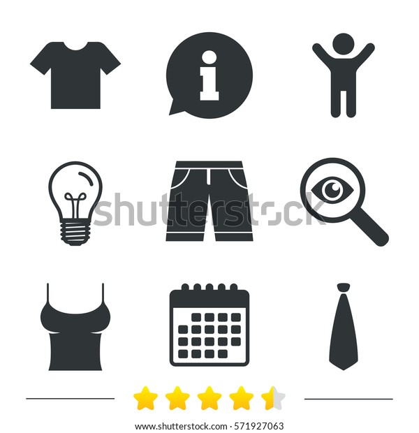 Clothes icons. T-shirt and bermuda shorts signs.\
Business tie symbol. Information, light bulb and calendar icons.\
Investigate magnifier.\
