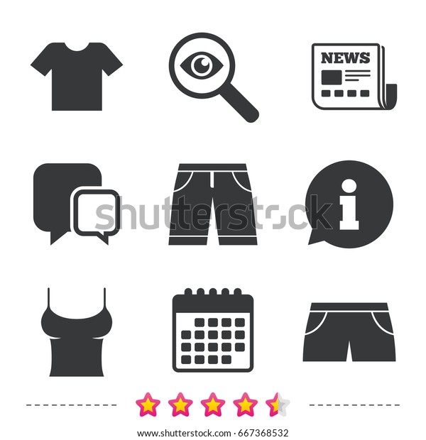 Clothes icons. T-shirt and bermuda shorts
signs. Swimming trunks symbol. Newspaper, information and calendar
icons. Investigate magnifier, chat symbol.
