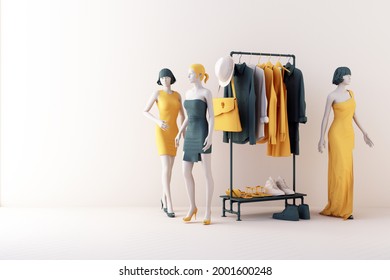 Les vêtements mannequins sont un cintre entouré de sac et d'accessoires de marché aux formes géométriques sur le sol en jaune et vert. Rendu 3d