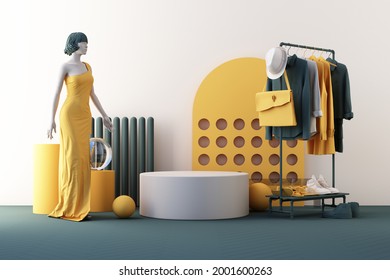 Clothes mannequins a hanger surrounding by bag and market prop with geometric shape on the floor in yellow and green color. realistic 3d render
