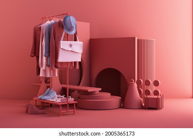 Clothes mannequins a hanger surrounding by bag and market prop with geometric shape on the floor in pink and blue color. realistic 3d render - Powered by Shutterstock