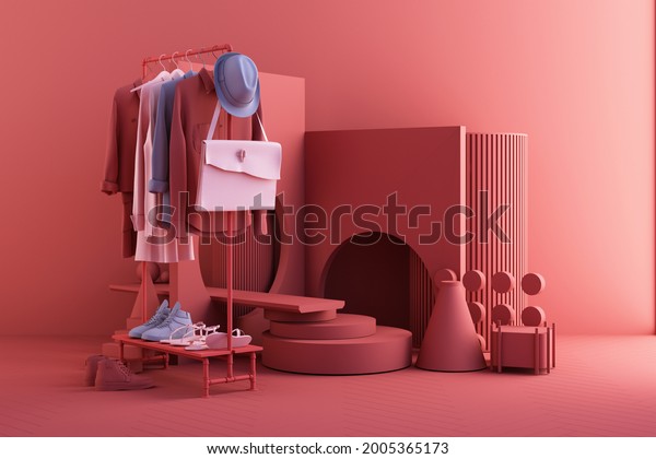 Clothes mannequins a hanger surrounding by bag and\
market prop with geometric shape on the floor in pink and blue\
color. realistic 3d\
render