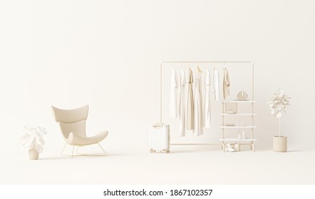 Clothes On Grunge Background, Shelf And Plants Pot, Chair, Luggage On Cream Background. Collection Of Clothes Hanging On A Rack In Neutral Beige Colors. 3d Rendering, Store And Bedroom Concept
