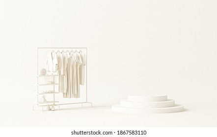 Clothes On Grunge Background, Shelf And Podium On Cream Background. Collection Of Clothes Hanging On A Rack In White Colors. 3d Rendering, Store And Studio Concept
