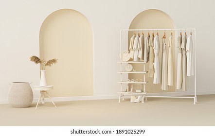 Clothes On Grunge Background, Shelf On Cream Background. Collection Of Clothes Hanging On A Rack In Neutral Beige Colors. 3d Rendering, Store And Room Concept