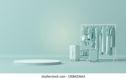 Clothes On Grunge Background, Shelf And Podium On Pastel Blue Background. Collection Of Clothes Hanging On A Rack In Neutral Beige Colors. 3d Rendering, Store And Bedroom Concept