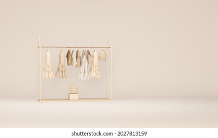 Clothes On Grunge Background, Shelf On Cream Background. Collection Of Clothes Hanging On A Rack In Neutral Beige Colors. 3d Rendering, Store, Studio And Bedroom Concept
