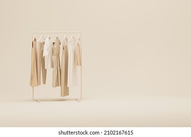 Clothes On Grunge Background, Shelf On Cream Background. Collection Of Clothes Hanging On A Rack In Neutral Beige Colors. 3d Rendering, Store And Bedroom Concept	