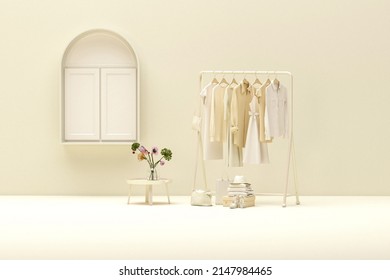 Clothes On Grunge Background, Shelf And Window, Plants Pot On Pastel Beige Background. Collection Of Clothes Hanging On A Rack In Neutral Cream Colors. 3d Rendering, Store And Bedroom Concept, Studio
