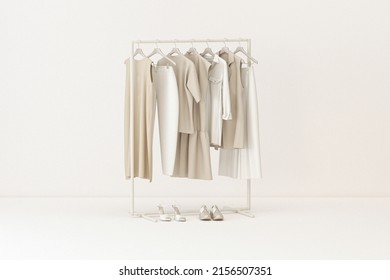 Clothes On Grunge Background, Shelf On Cream Background. Collection Of Clothes Hanging On A Rack In Neutral Beige Colors. 3d Rendering, Store And Bedroom Concept