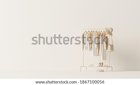 Clothes on grunge background, shelf on cream background. Collection of clothes hanging on a rack in neutral beige colors. 3d rendering, store and bedroom concept
 Stockfoto © 
