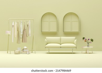 Clothes On Grunge Background, Window And Plants Pot On Olive Green Background. Collection Of Clothes Hanging On A Rack In Neutral Green Colors. 3d Rendering, Store And Bedroom Concept, Studio
