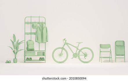 Clothes on a hanger, chair, bicycle and plant pot Abstract scene pastel blue object on white background. Light background with copy space. 3D rendering for creative social media, health lifestyle