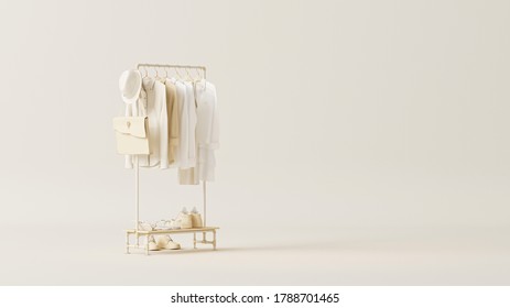 Clothes on a hanger, storage shelf in a cream background. Collection of clothes hanging on rack with neutral beige colors. 3d rendering, concept for shopping store and bedroom