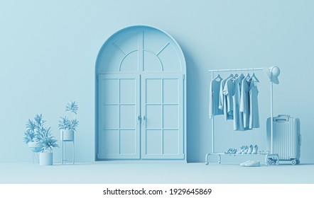Clothes On A Hanger, Storage Shelf In Pastel Blue Background. Collection Of Clothes Hanging On Rack, Plants And Door Concept. 3d Rendering, Concept For Shopping Store And Bedroom, Studio, Life Style

