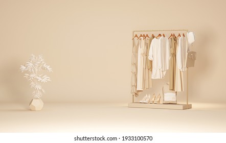 Clothes on a hanger, storage shelf in a cream background. Collection of clothes hanging on rack with neutral beige colors. 3d rendering, concept for shopping store and bedroom
