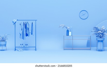 Clothes On A Hanger, Storage Shelf In Pastel Blue Background. Collection Of Clothes Hanging On Rack, Plants And Door Concept. 3d Rendering, Concept For Shopping Store And Bedroom, Studio, Life Style
