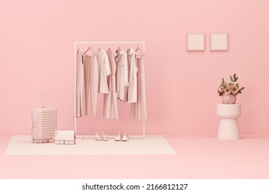 Clothes On A Hanger, Storage Shelf In Pastel Pink Background. Luggage Bag, Flowers Vase And Door Concept. 3d Rendering, Concept For Shopping Store And Bedroom, Studio, Life Style
