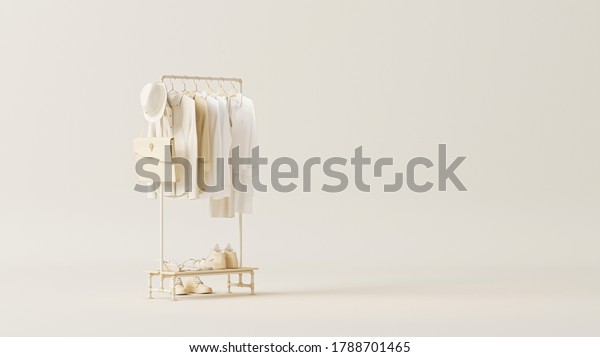 Clothes on a\
hanger, storage shelf in a cream background. Collection of clothes\
hanging on rack with neutral beige colors. 3d rendering, concept\
for shopping store and\
bedroom