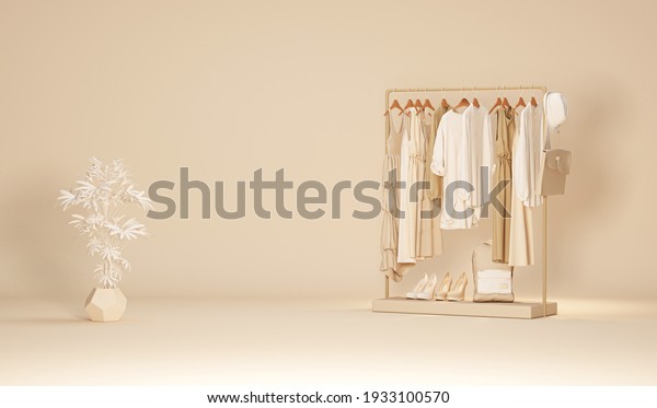 Clothes on a\
hanger, storage shelf in a cream background. Collection of clothes\
hanging on rack with neutral beige colors. 3d rendering, concept\
for shopping store and\
bedroom\
