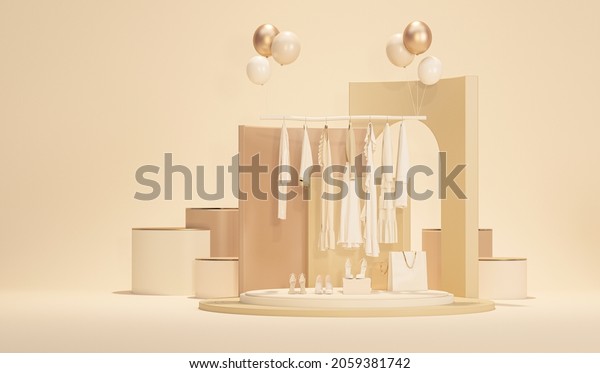 Clothes on a hanger surrounding by shopping bag\
and gift on pastel background. Collection of clothes hanging on a\
rack in neutral beige colors. 3d rendering, store and sale\
concept