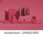 Clothes on sand dune background with sun shadow. Collection of clothes hanging on a rack in viva magenta colors. 3d rendering, store and bedroom concept	