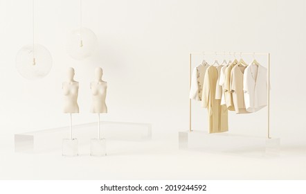 Clothes On Shelf, Dry Flower Pot, Mannequin On Cream Background. Collection Of Clothes Hanging On A Rack In Pastel Cream And Neutral Beige Colors. 3d Render, Studio, Store And Bedroom Concept
