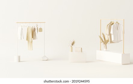 Clothes On Shelf, Dry Flower Pot, Mannequin On Cream Background. Collection Of Clothes Hanging On A Rack In Pastel Cream And Neutral Beige Colors. 3d Render, Studio, Store And Bedroom Concept
