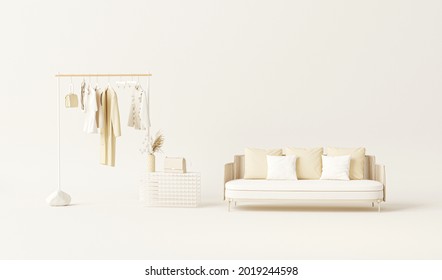 Clothes On Shelf, Dry Flower Pot, Mannequin On Cream Background. Collection Of Clothes Hanging On A Rack In Pastel Cream And Neutral Beige Colors. 3d Render, Studio, Store And Bedroom Concept
