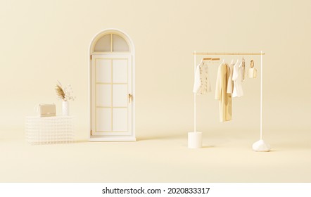 Clothes On Shelf, Dry Flower Pot, White Door On Cream Background. Collection Of Clothes Hanging On A Rack In Pastel Cream And Neutral Beige Colors. 3d Render, Studio, Store And Bedroom Concept
