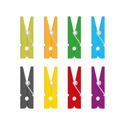 Clothes Pegs - Colored Clothespins Collection Loosely Arranged - Isolated Vector On White Background.