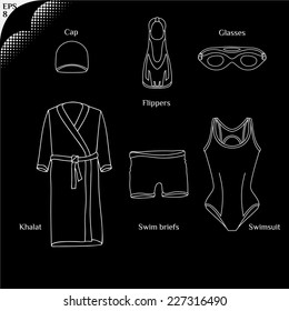 Clothes for swimmers  Sportswear  Swimfins  Swim fins  Fins  Flippers  Glasses for swimming   Khalat for swimming  Swim briefs  Racing brief  Swim cap  Swimsuit  Things for swimmers 2